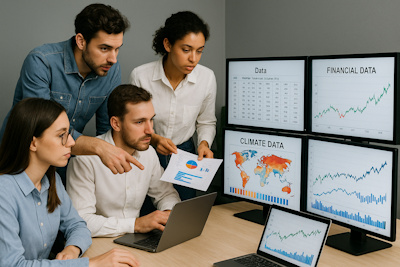 Chercheurs analysant des donn&eacute;es climatiques et financi&egrave;res