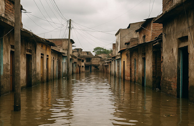 Village inondé dans un pays moins avancé, illustrant la vulnérabilité climatique