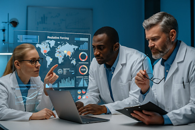 Chercheurs en développement durable travaillant sur des données climatiques